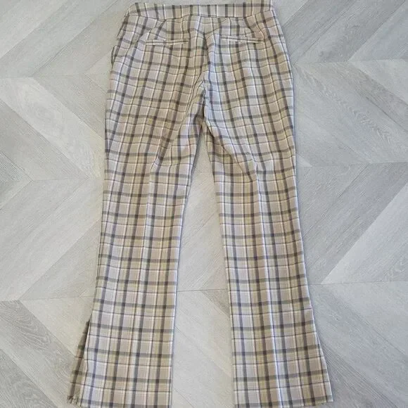 Zara Tartan Plaid Pants Womens L Tan Check Trousers Side Vents Leg Slit Academia - Picture 8 of 9